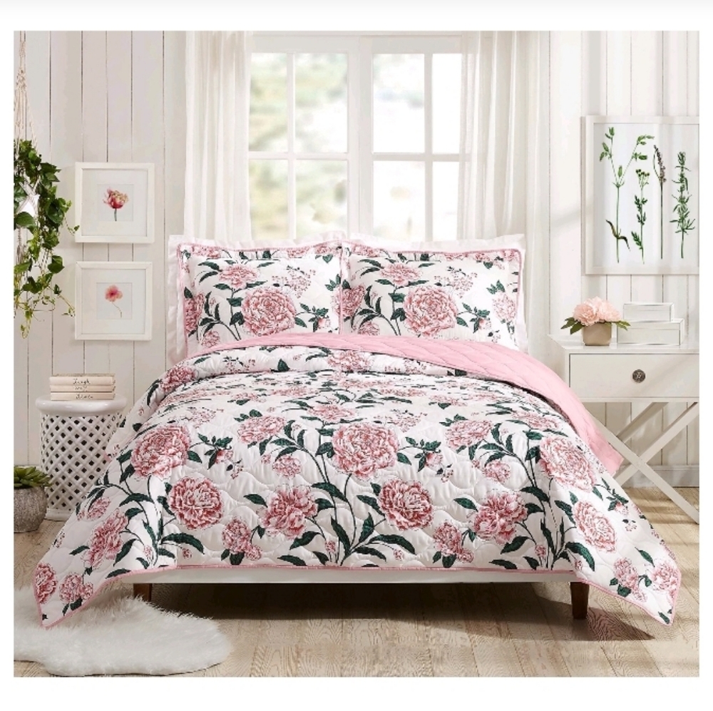 🆕Queen Pink Rose Floral "Reversible" Quilted Bedspread